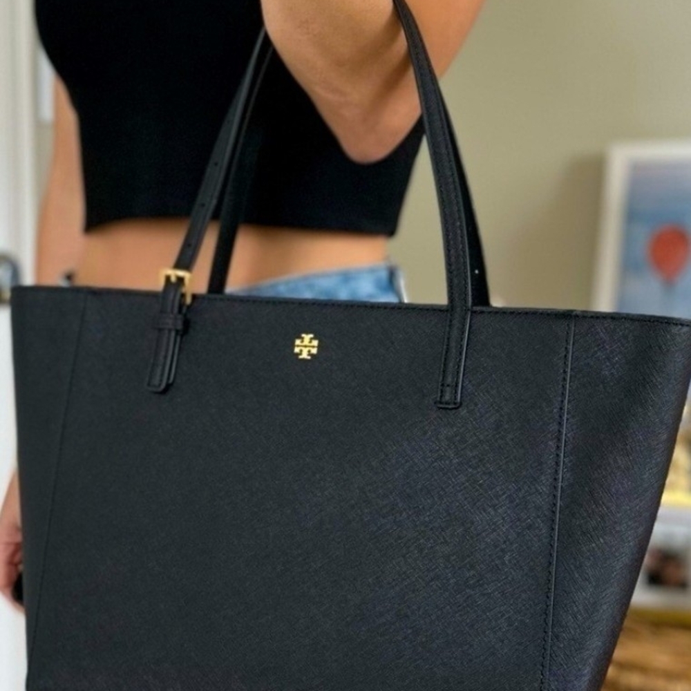 Tory Burch Black Leather Tote with Gold Hardware